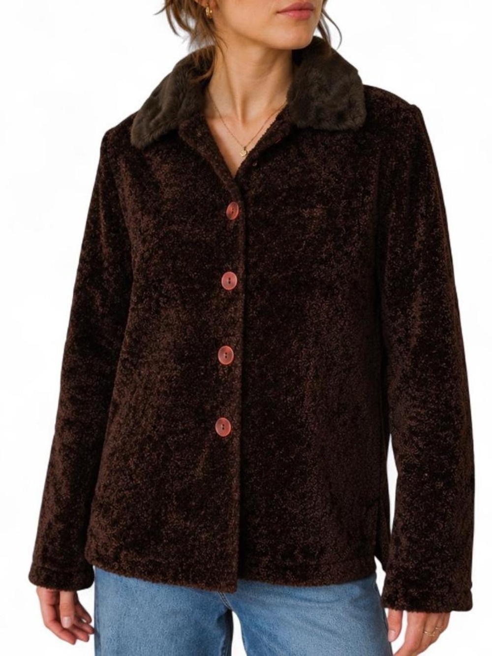 VTG 90s Button-front Jacket Faux Fur Teddy Boucle Women Sz LG Cozy Y2K Retro